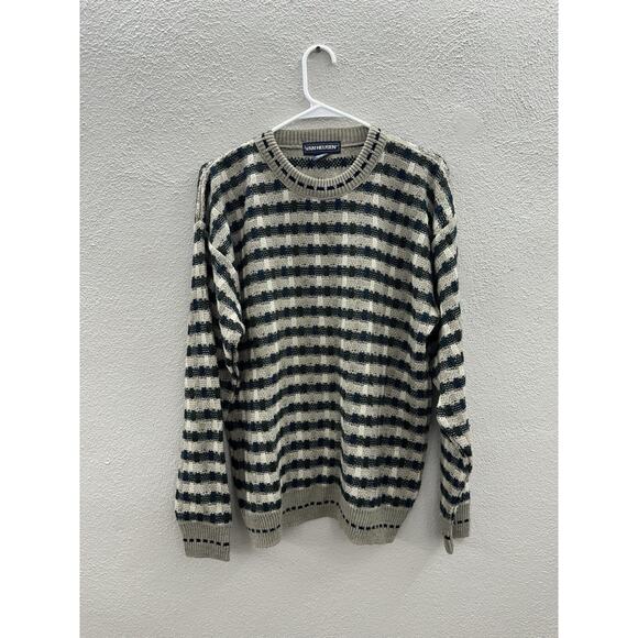 Van Heusen Mens Sweater Size Large Striped Tan Long Sleeve Knit - Picture 1 of 9